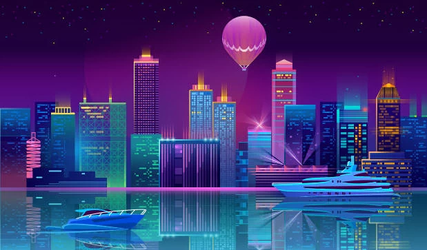 未来科技科幻霓虹灯渐变绚丽城市建筑夜景灯光插画AI/PSD设计素材100套【083】